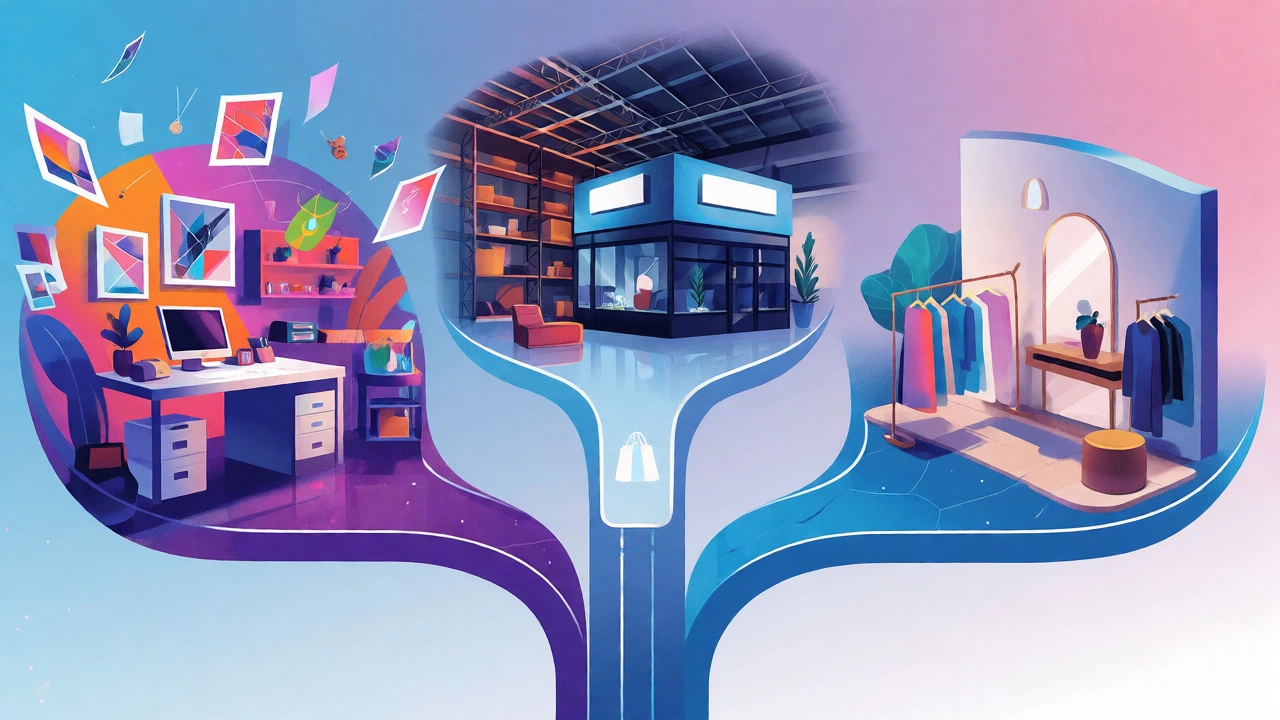 Conceptual illustration of three paths leading to different e-commerce platform styles.