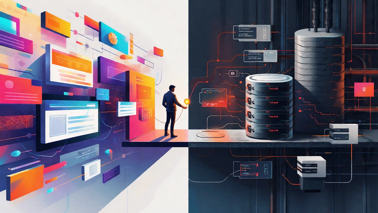 Conceptual split showing front-end visuals and back-end logic connected by a developer