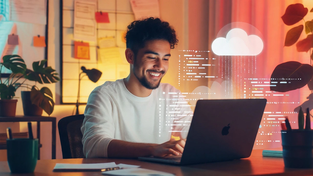 Confident developer smiling at laptop with orderly code streams in a warm workspace
