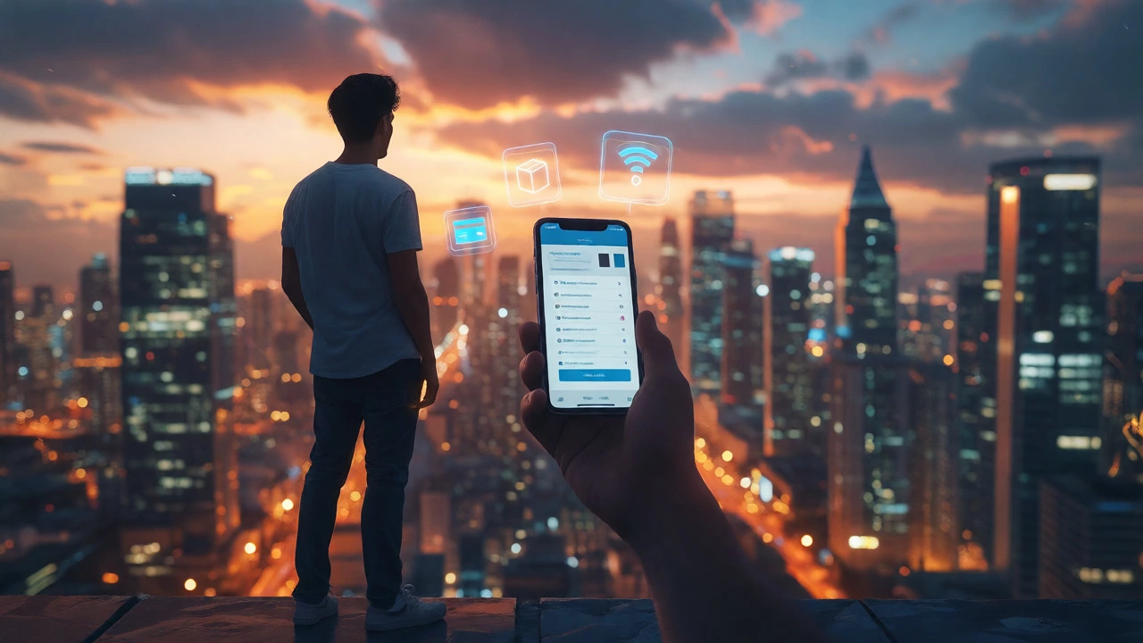 Entrepreneur holding a smartphone with a live online store against a city skyline at dusk.