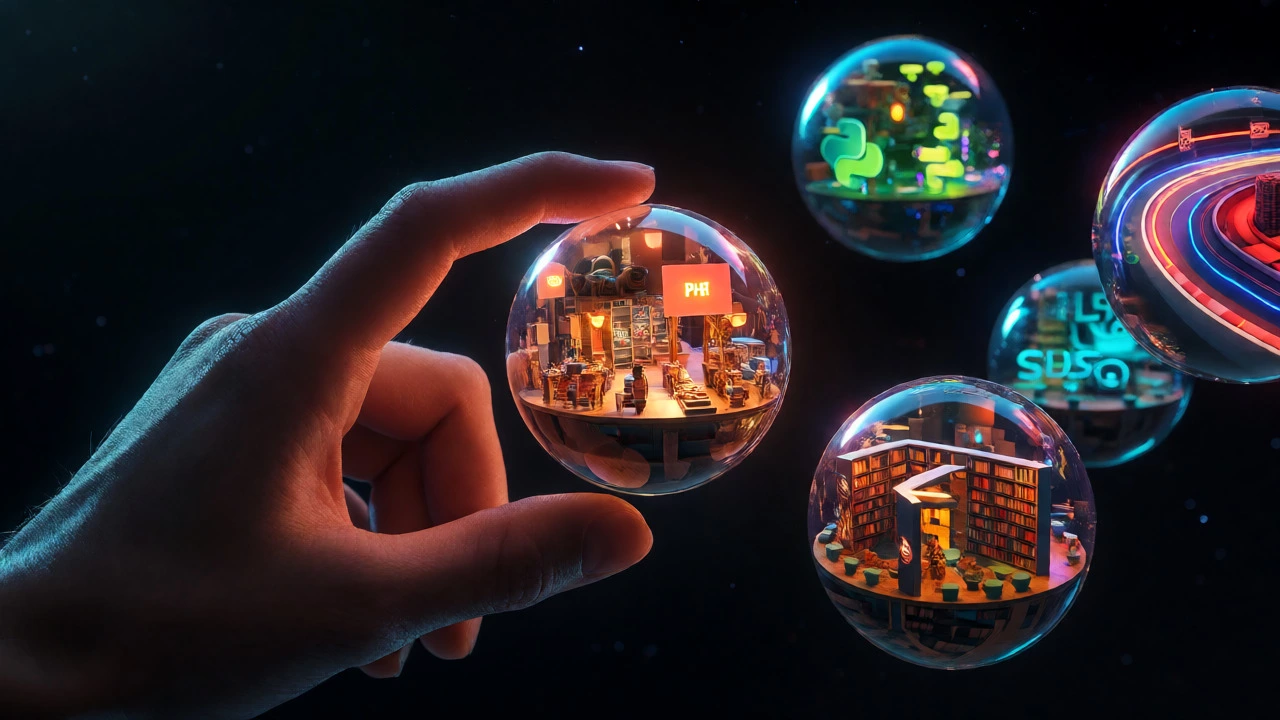 Hand selecting among floating orbs representing different tech stacks