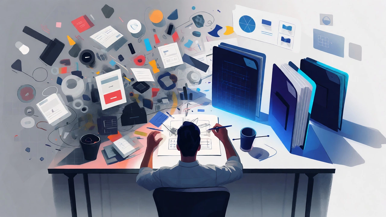 Illustration of organizing chaotic design elements into three strong portfolio case studies
