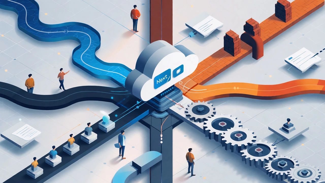 Isometric illustration of various web frameworks connecting to a cloud server