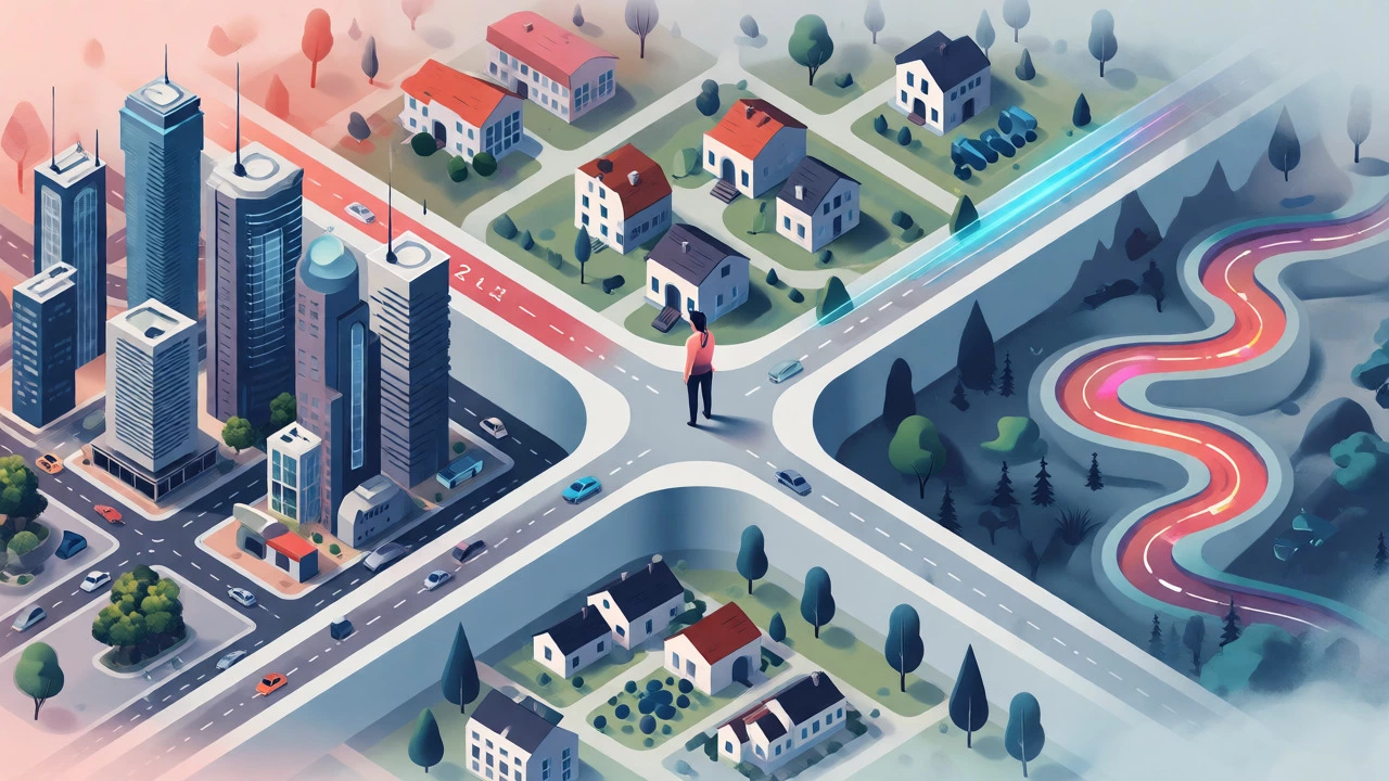 Isometric view of a crossroads representing different web development paths.