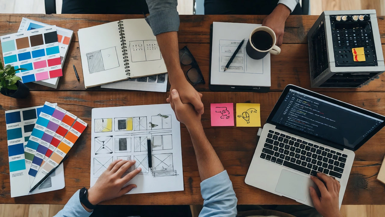 Overhead view of a table with design tools on one side and coding equipment on the other, featuring a handshake.