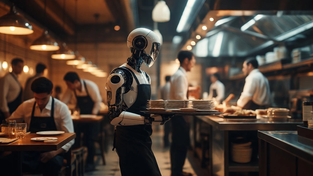 Robotic waiter efficiently serving many tables compared to slow human waiters in a restaurant.