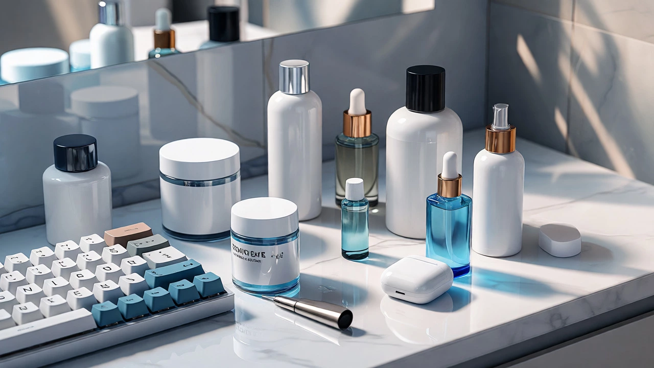 Skincare bottles, supplements, and tech accessories arranged on a counter.
