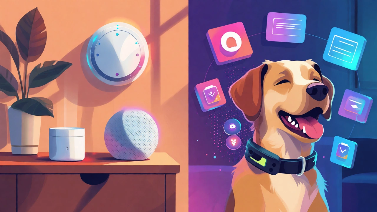 Smart home devices, digital icons, and a dog with a tracker collar.