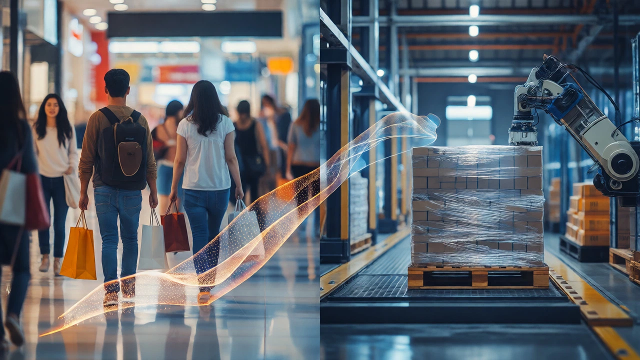 Split view comparing chaotic B2C retail with efficient, stable B2B industrial logistics.