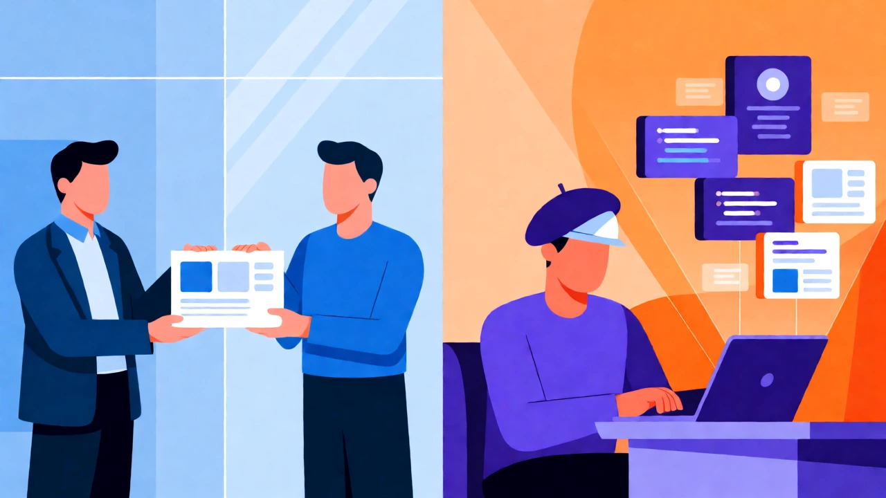 Split view comparing corporate design handoffs with startup hybrid roles.