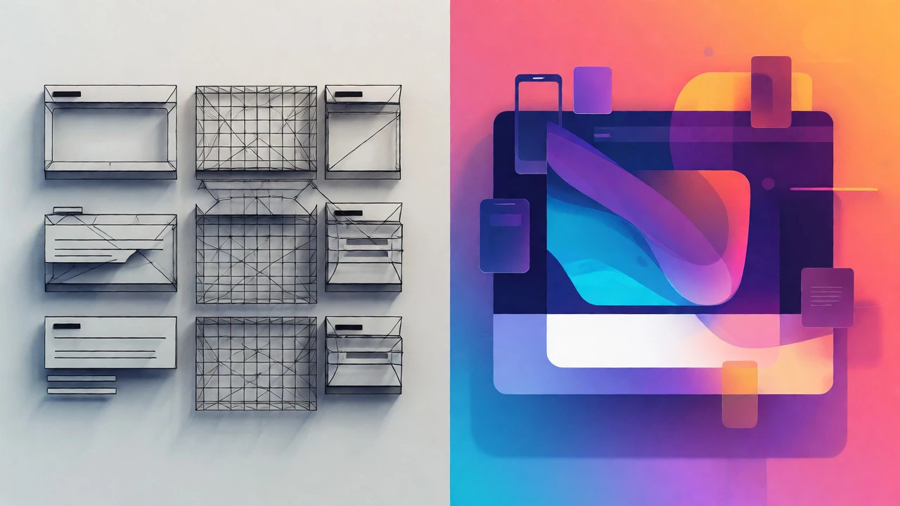 Split view comparing rigid legacy web layouts with modern fluid CSS designs.