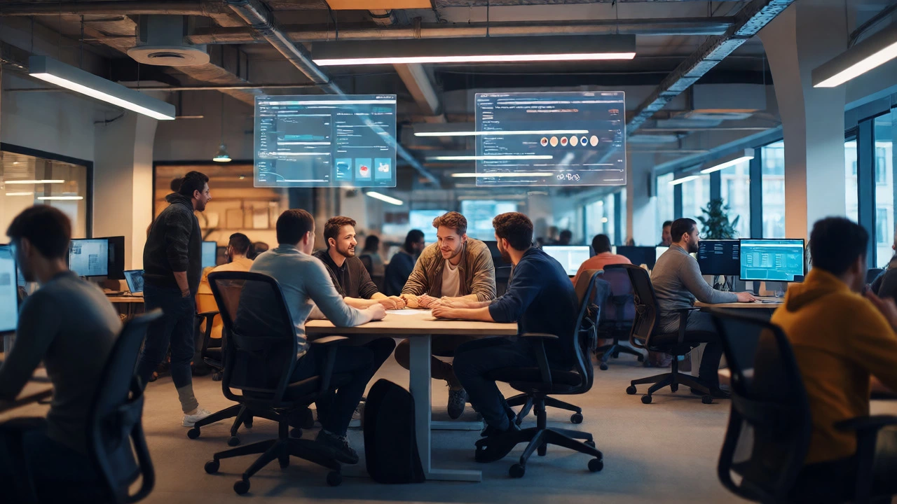 Tech team collaborating on frontend development in a modern office