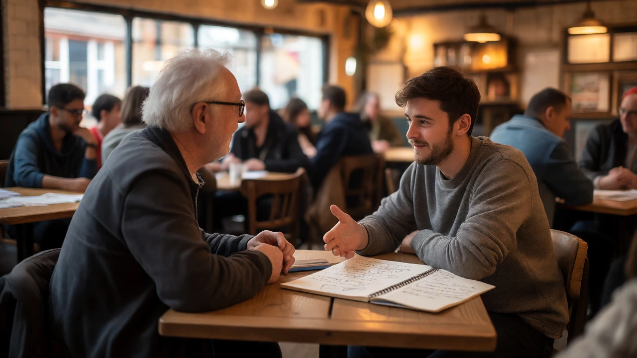 Two professionals having a meaningful networking conversation in a cafe