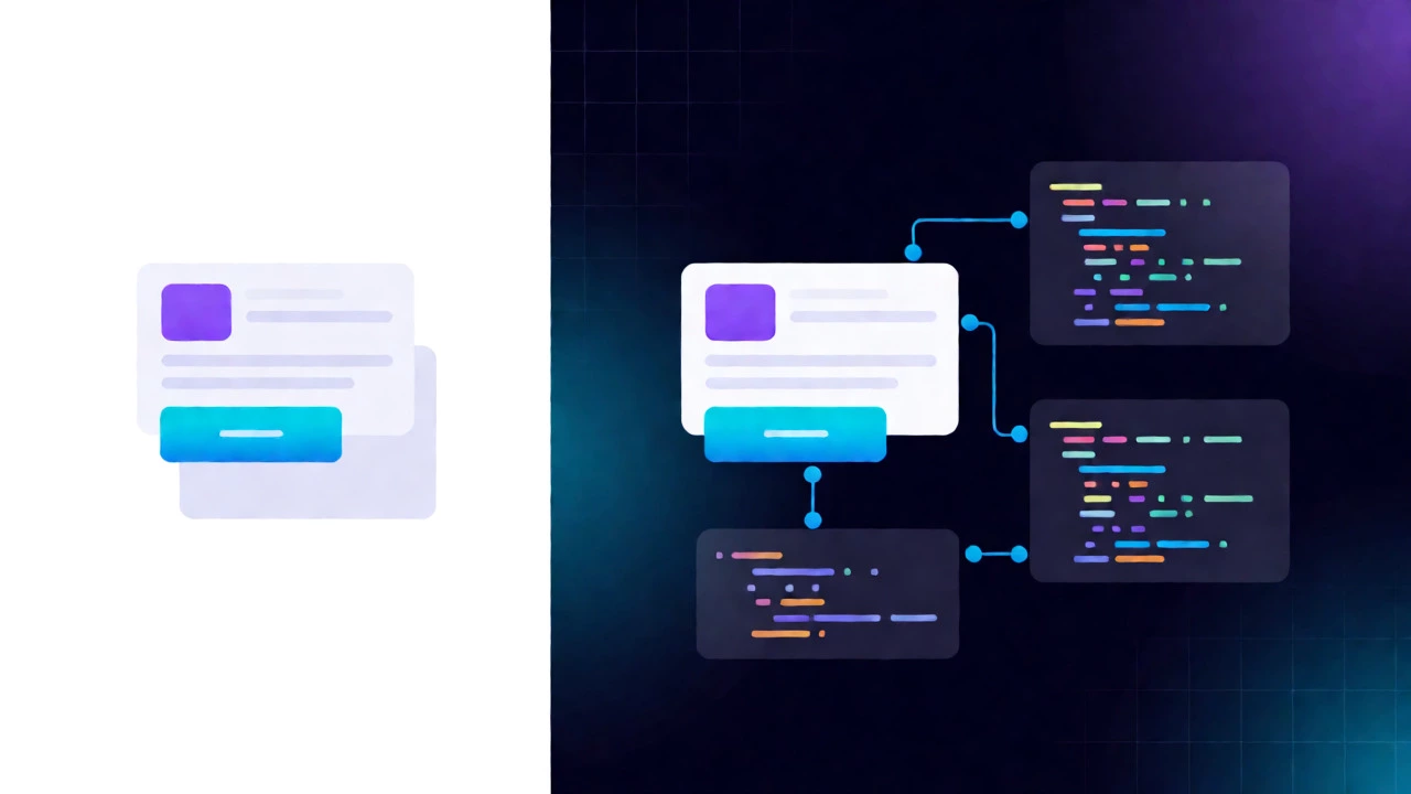Visual metaphor connecting UI design elements with HTML and CSS code