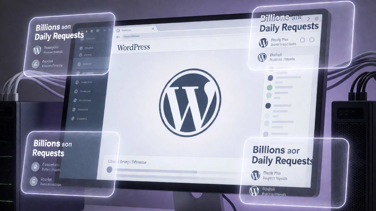 WordPress dashboard glowing with data streams, symbolizing PHP's enduring power via CMS.