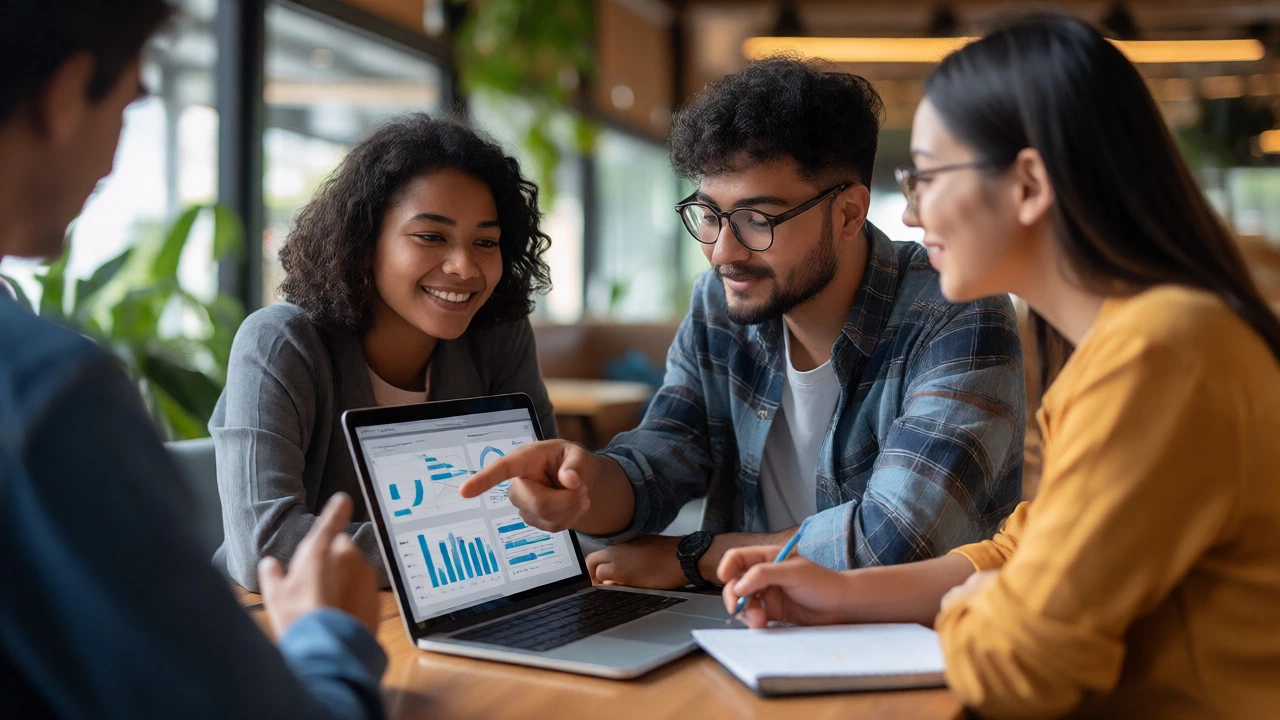 Young professionals collaborating on a data dashboard project
