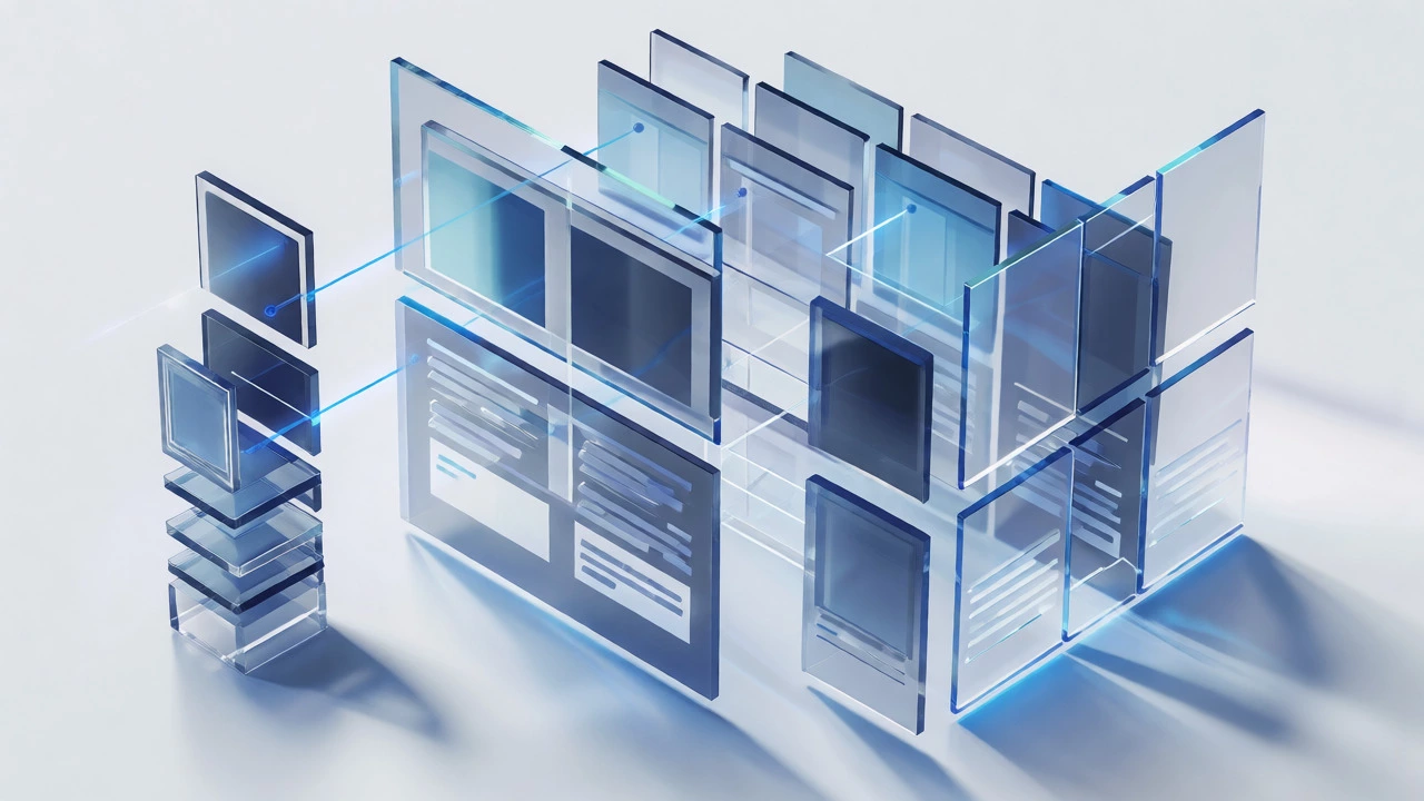 3D isometric grid showing layout changes across devices