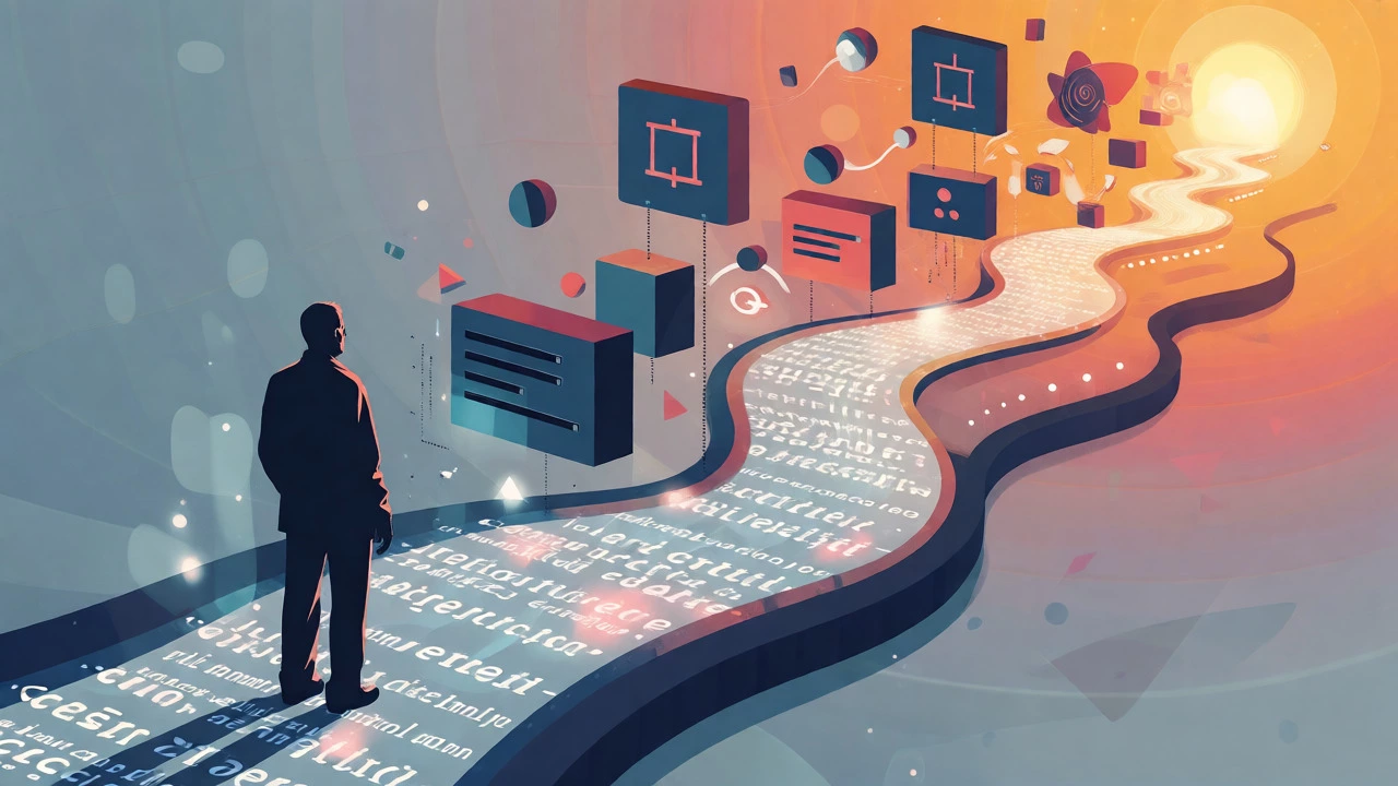 Abstract conceptual art showing a path of code leading to success