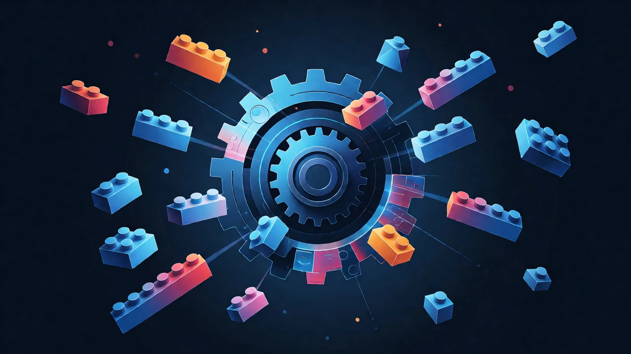 Abstract illustration of gears and blocks merging together