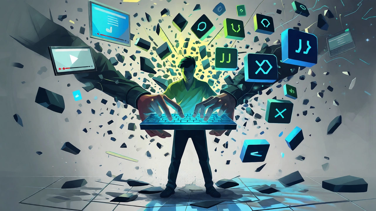Abstract visualization of breaking free from tutorial hell by actively writing code.