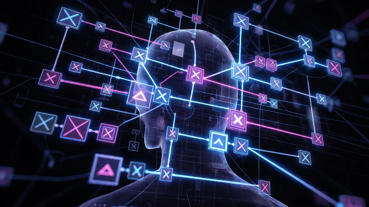 Abstract visualization of JavaScript logic with glowing connected nodes around a silhouette.
