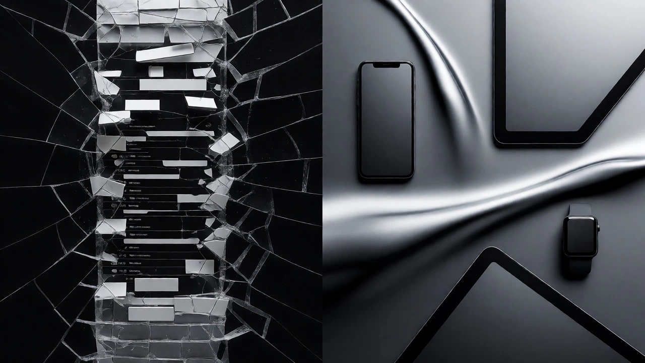 Artistic split-screen comparison of broken fixed layouts versus fluid responsive web designs.