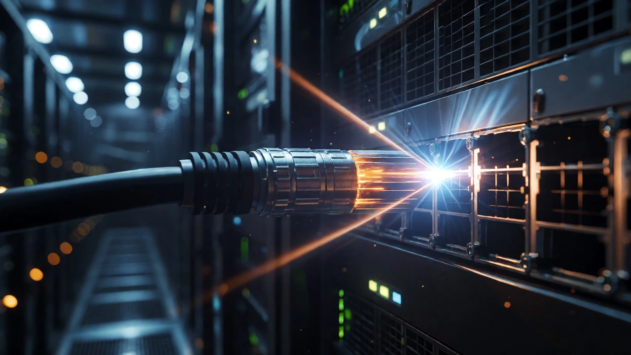 Close-up of a fiber optic cable connecting to a server in a dark, high-tech data center.