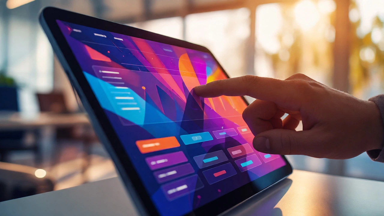 Close-up of hands interacting with a colorful web interface on a tablet