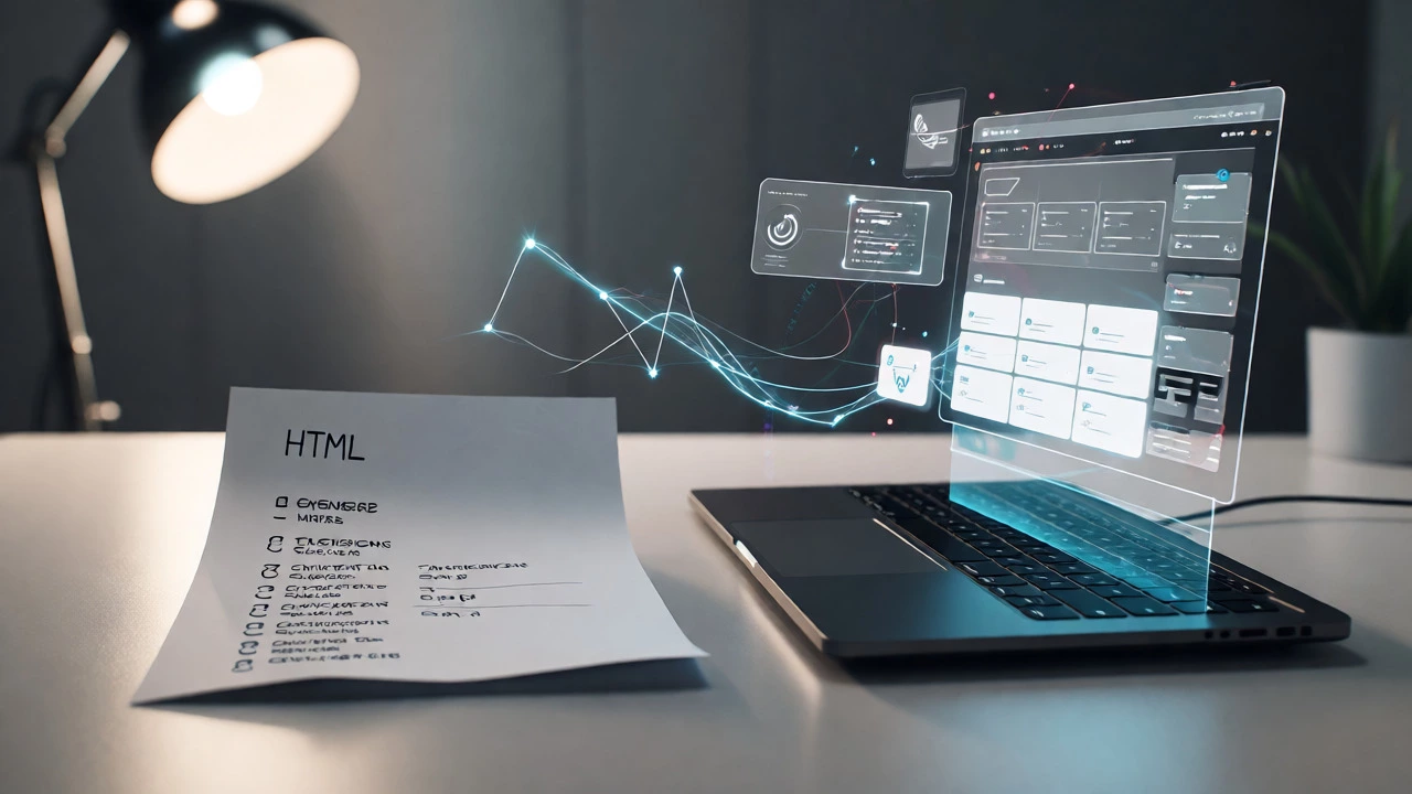 Comparison of static HTML paper versus a dynamic holographic web framework interface.