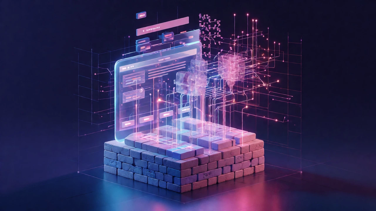 Conceptual 3D render of the WordPress tech stack showing HTML, PHP, and JS integration