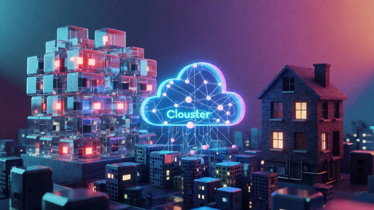 Conceptual 3D visualization comparing shared, cloud, and VPS hosting infrastructure models.