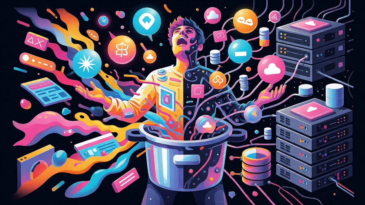 Conceptual art of a developer balancing UI design elements and server infrastructure, feeling overwhelmed.