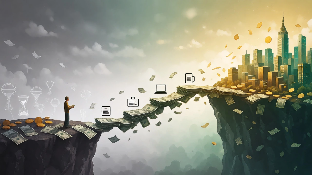 Conceptual art showing a bridge of money connecting learning to career success.
