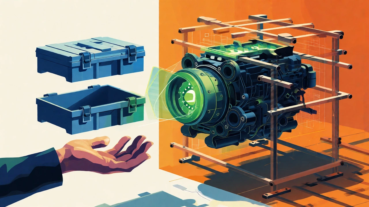 Conceptual diagram showing Node.js engine surrounded by libraries and frameworks.