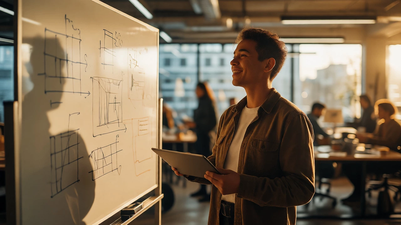 Confident developer in a bright office, symbolizing the rewards of mastering full stack development skills.