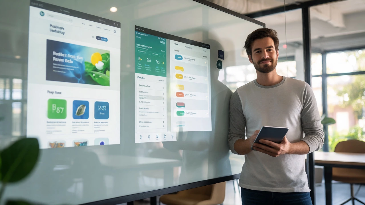 Confident developer standing beside three completed web projects.