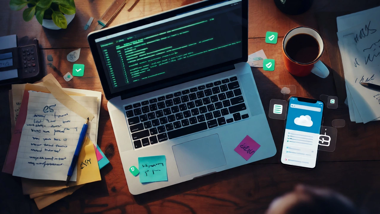 Developer workspace with laptop, notes, and deployment indicators