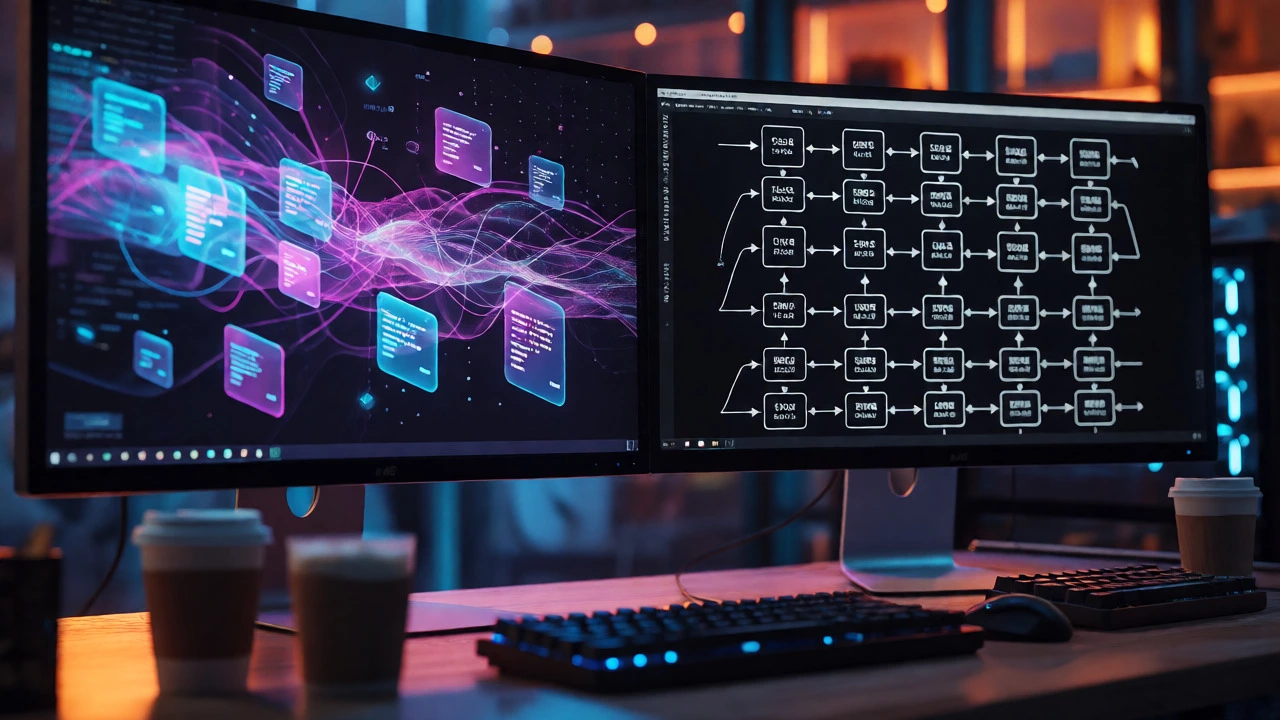 Dual monitors displaying chaotic JS data streams next to structured C++ memory grids.