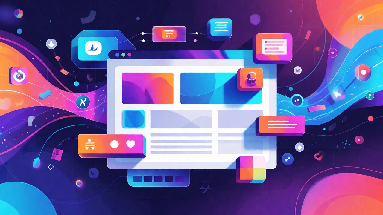 Dynamic illustration of WordPress Gutenberg blocks assembling with JavaScript energy flows