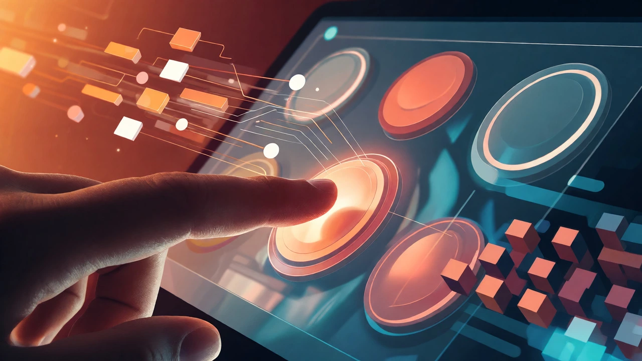 Finger tapping button with abstract data flow visuals