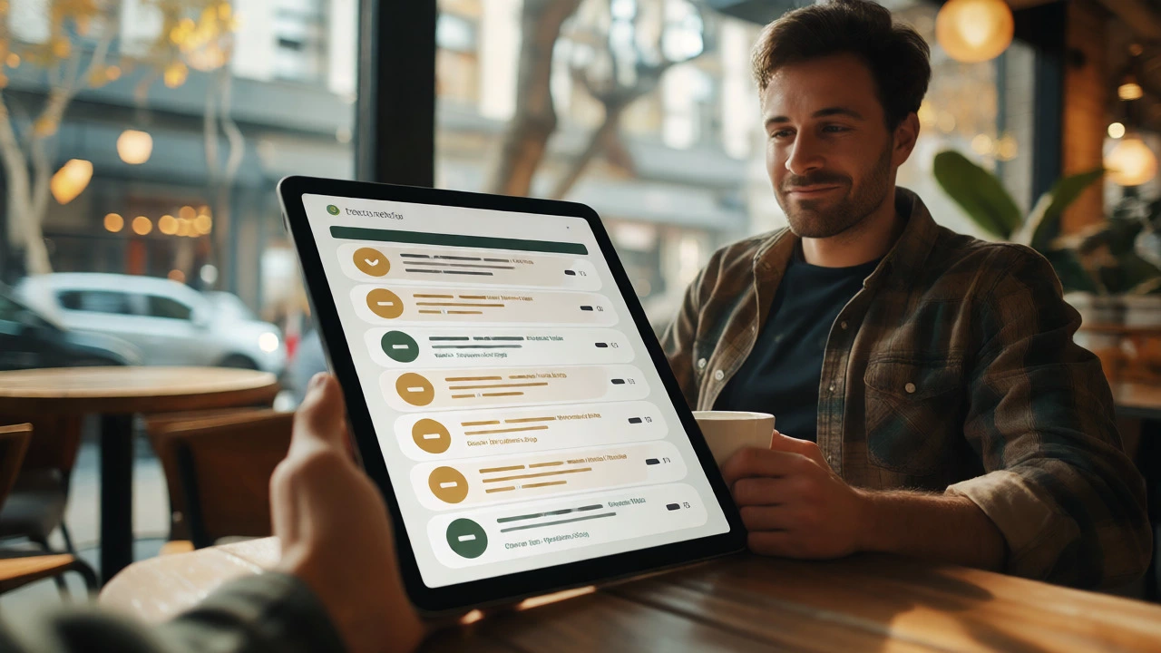Freelancer checking optimized SEO report on tablet in cafe