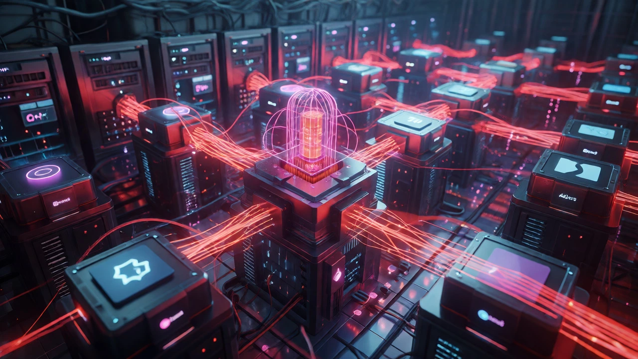 Futuristic server room visualization of the Node.js ecosystem and connected packages.