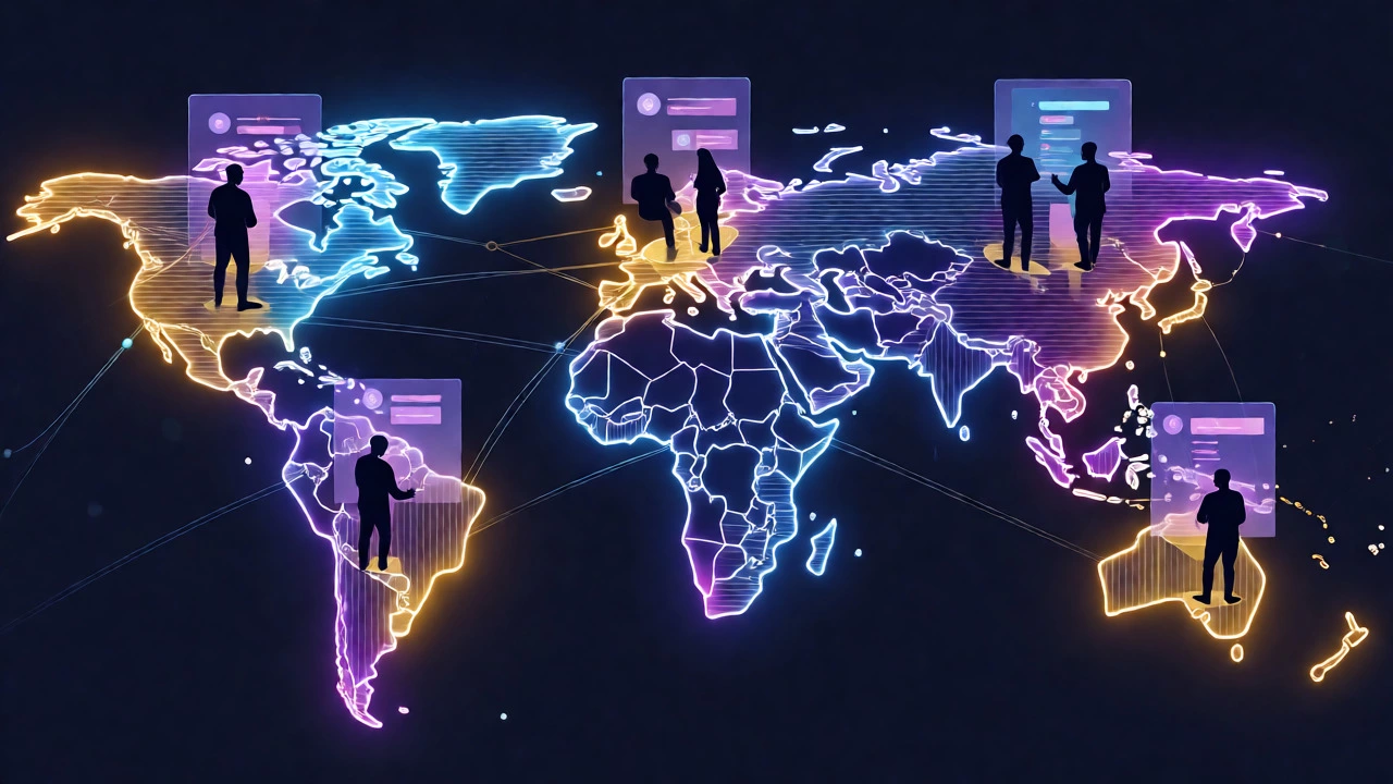 Glowing global map connecting tech hubs with abstract developer figures, representing remote work and location-based pay.