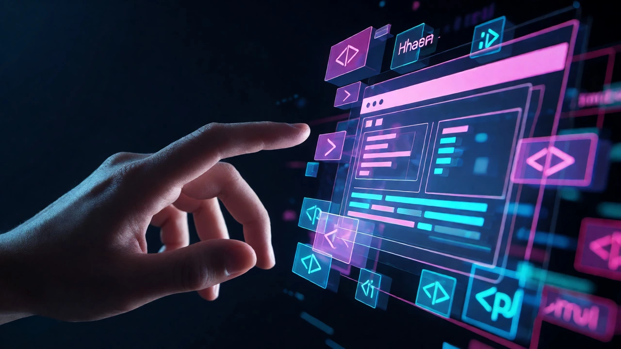 Hand interacting with holographic web layout elements representing code.