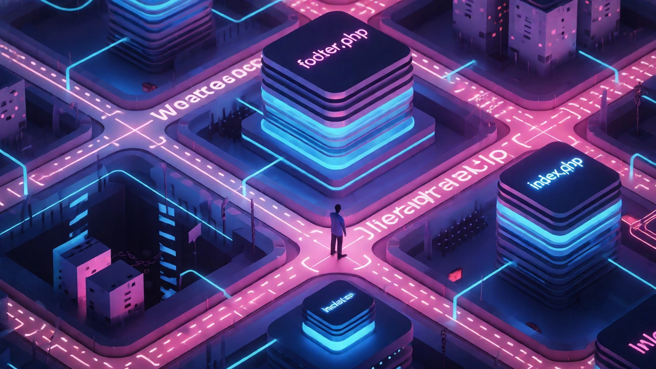 Isometric 3D map of WordPress template hierarchy structure