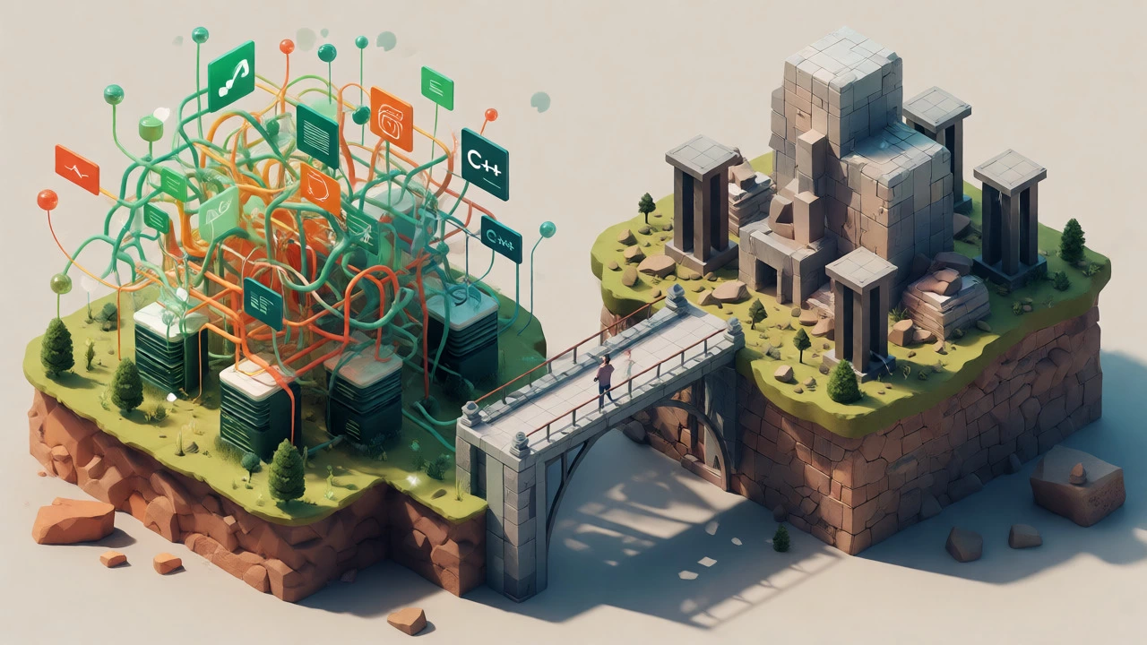 Isometric view of a tangled JS network beside a solid C++ geometric structure.