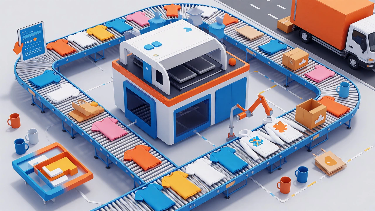 Isometric view of automated print-on-demand process from order to shipping
