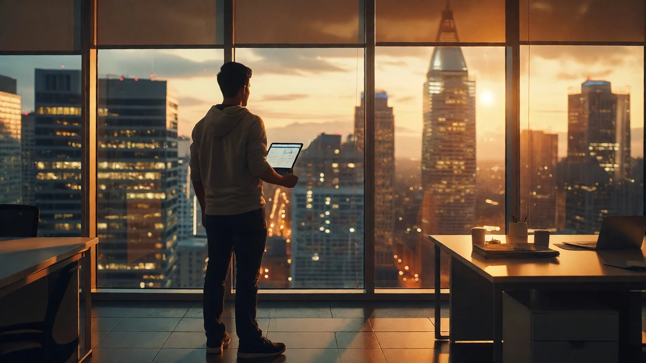 Junior developer holding a tablet with a live app, looking out over a city skyline at sunset.