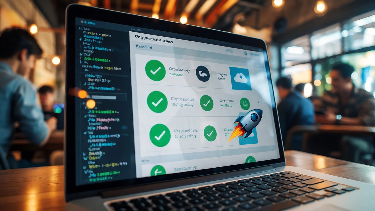 Laptop showing successful CI/CD deployment pipeline and live app