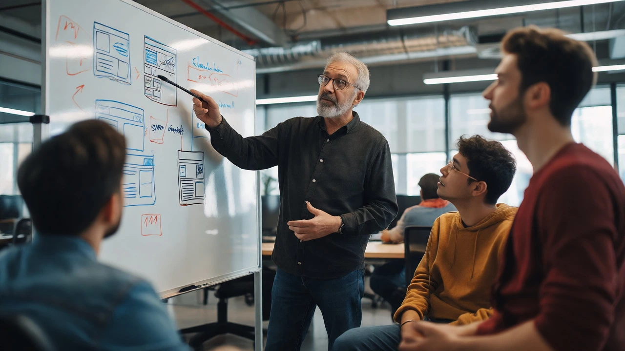 Mature developer mentoring younger colleagues at a whiteboard in an office